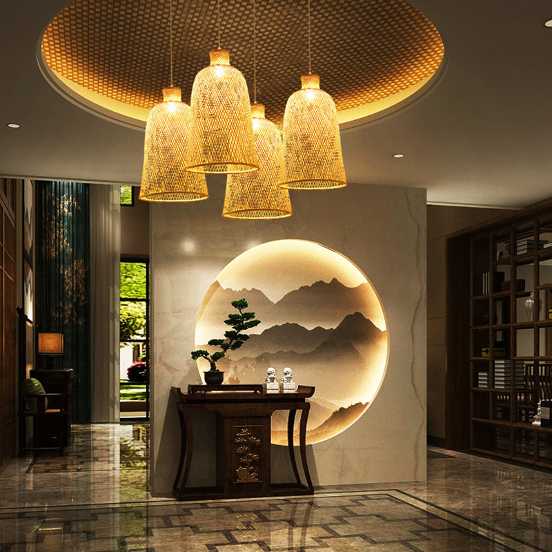 Chinese Style Handmade Bamboo Ceiling Light - Single Pendant For Restaurant Wood Finish