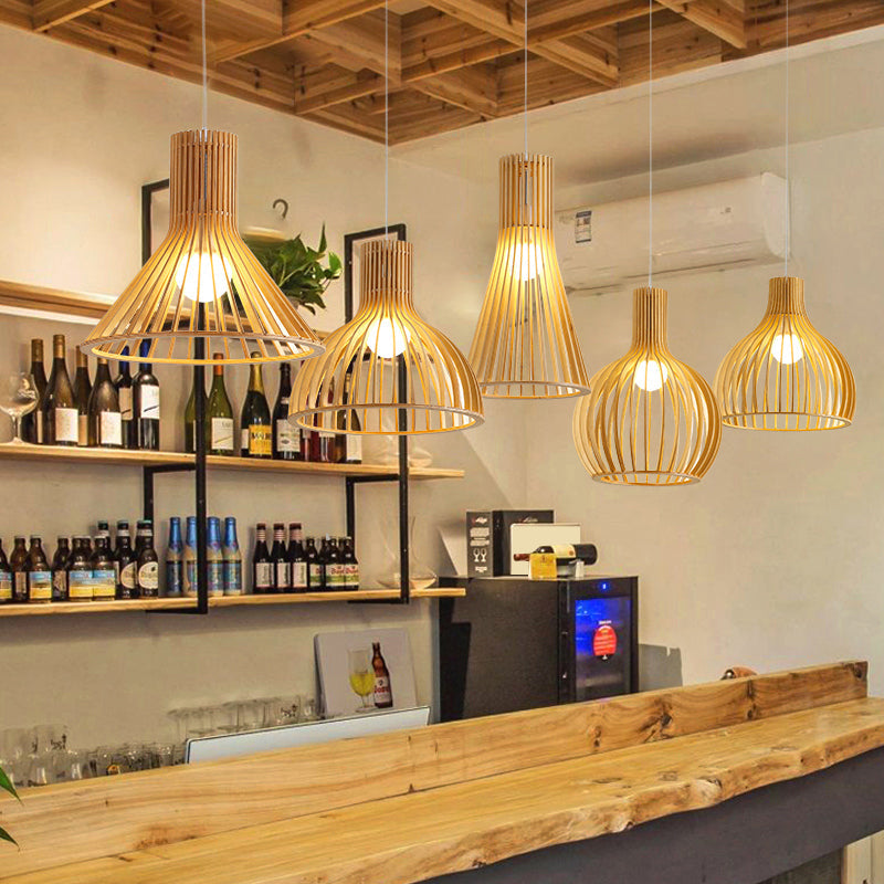 Minimalist Southeast Asian Ceiling Pendant Light - Elegant Wood Finish For Restaurants