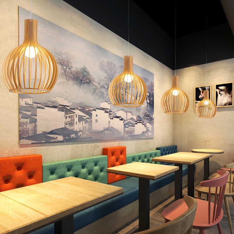 Minimalist Southeast Asian Ceiling Pendant Light - Elegant Wood Finish For Restaurants