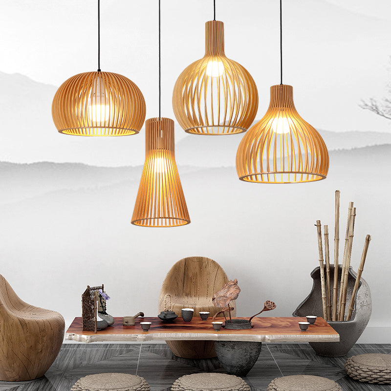 Handwoven Bamboo Pendant Light Contemporary Single-Bulb Wood Suspension Light Fixture