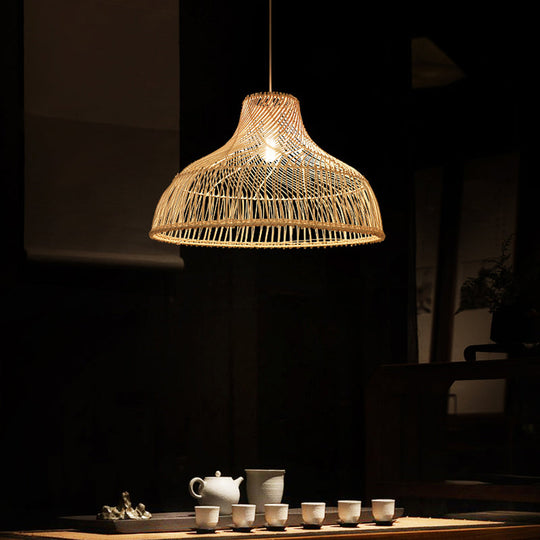 Hat Shape Pendant Light Contemporary Rattan Single-Bulb Tea Room Suspension Light in Wood