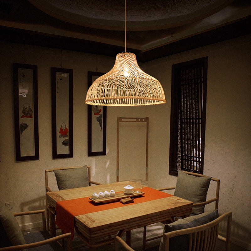 Contemporary Rattan Pendant Light in Hat Shape - Tea Room Suspension Light