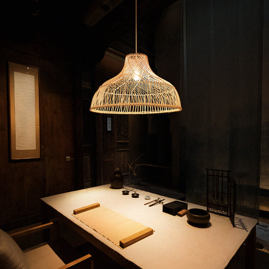 Contemporary Rattan Pendant Light in Hat Shape - Tea Room Suspension Light