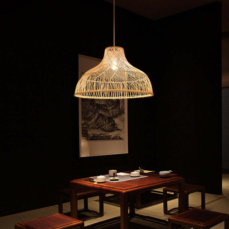 Contemporary Rattan Pendant Light in Hat Shape - Tea Room Suspension Light