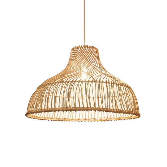 Hat Shape Pendant Light Contemporary Rattan Single-Bulb Tea Room Suspension Light in Wood