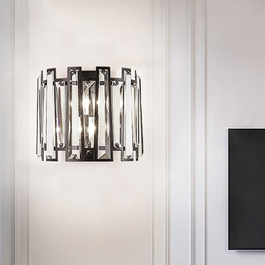 Modernist Clear Crystal Drum Wall Sconce - 2 Lights Black Finish Ideal For Corridors