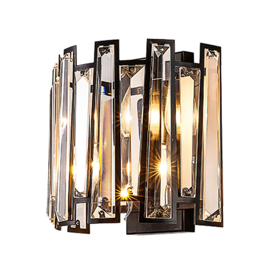 Modernist Clear Crystal Drum Wall Sconce - 2 Lights Black Finish Ideal For Corridors