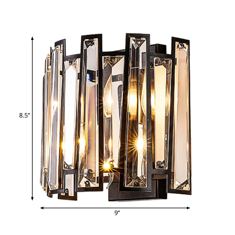 Modernist Clear Crystal Drum Wall Sconce - 2 Lights Black Finish Ideal For Corridors