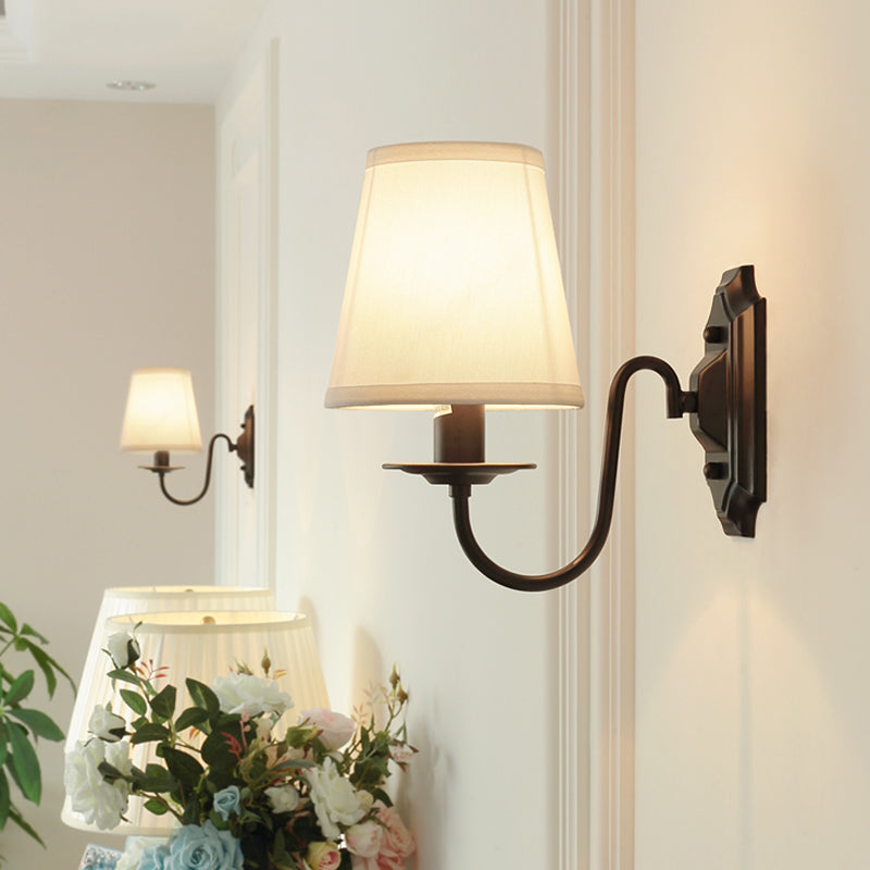 Simple Black Fabric Tapered Wall Lamp With Curved Arm Ideal For Single Corridor Lighting