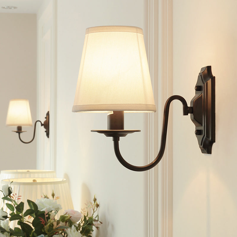 Simple Black Fabric Tapered Wall Lamp With Curved Arm Ideal For Single Corridor Lighting