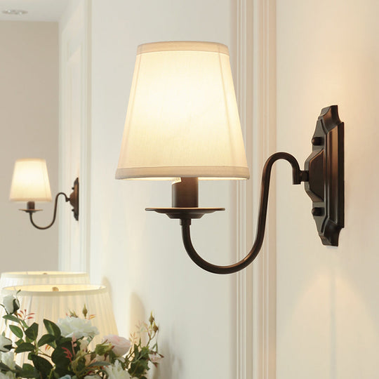 Simple Black Fabric Tapered Wall Lamp With Curved Arm Ideal For Single Corridor Lighting