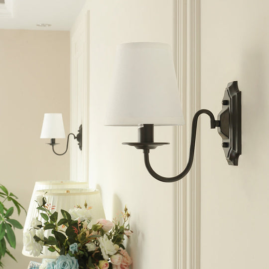 Simple Black Fabric Tapered Wall Lamp With Curved Arm Ideal For Single Corridor Lighting