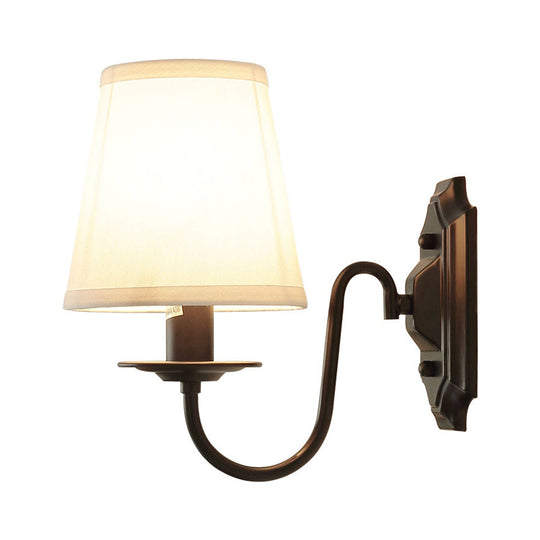 Simple Black Fabric Tapered Wall Lamp With Curved Arm Ideal For Single Corridor Lighting