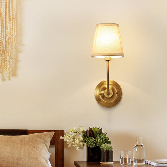 Classic Brass Wall Light With Single Tapered Fabric Shade For Corridor