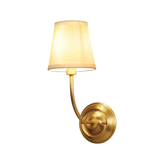 Classic Brass Wall Light With Single Tapered Fabric Shade For Corridor