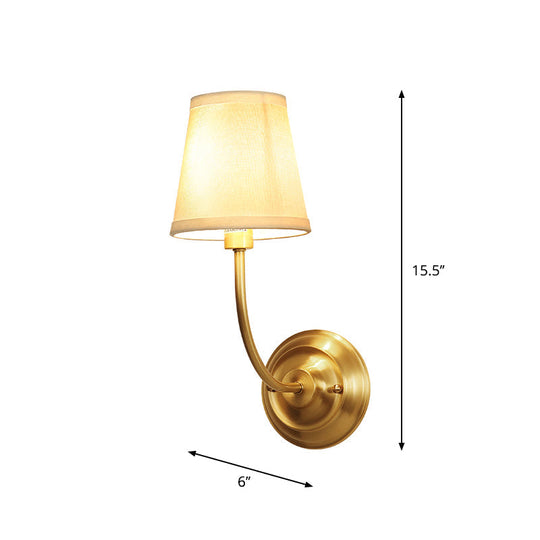 Classic Brass Wall Light With Single Tapered Fabric Shade For Corridor