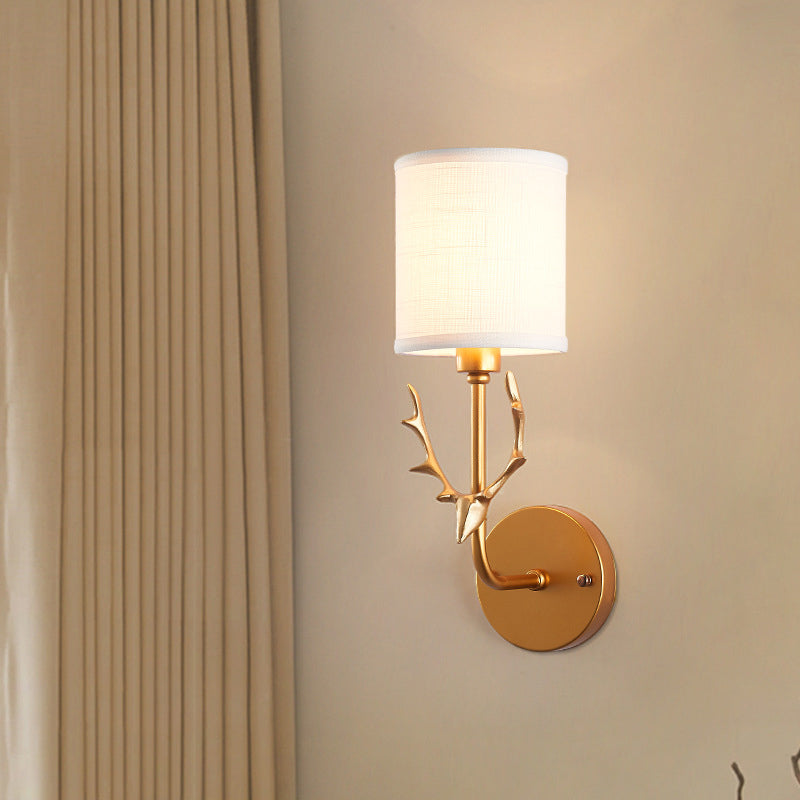 Minimalist 1-Light Fabric Cylinder Wall Mount Light With Deer Accent For Living Room Lighting