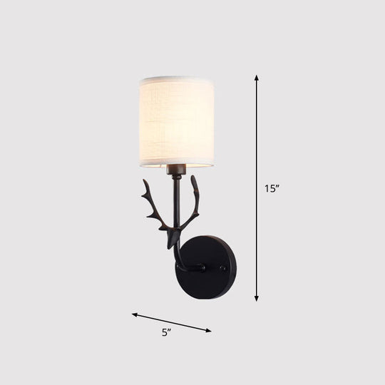 Minimalist 1-Light Fabric Cylinder Wall Mount Light With Deer Accent For Living Room Lighting Black