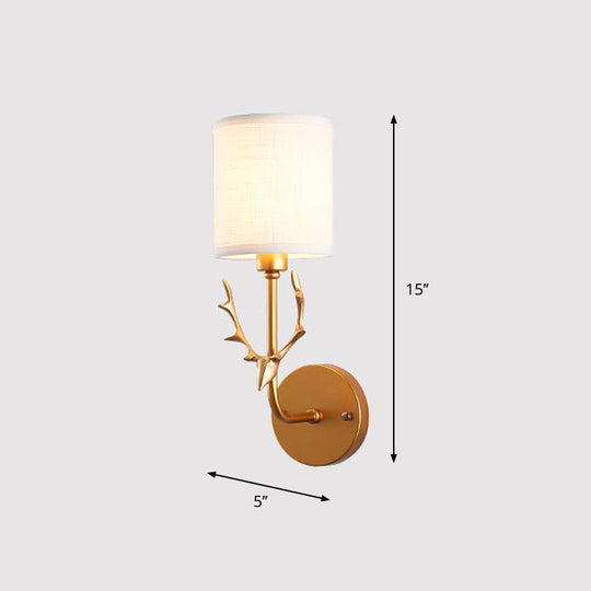 Minimalist 1-Light Fabric Cylinder Wall Mount Light With Deer Accent For Living Room Lighting Gold