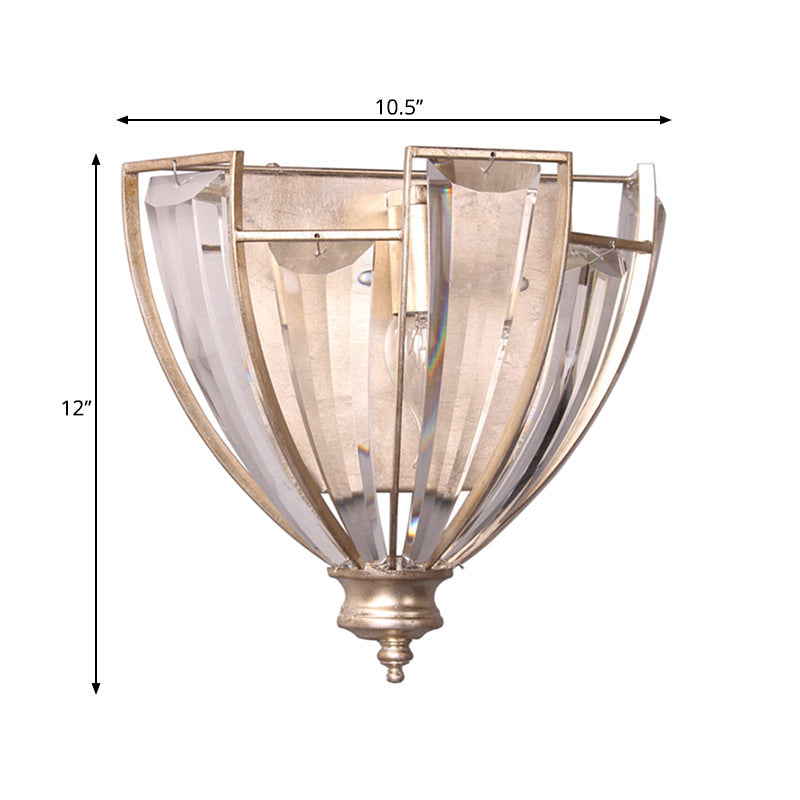 Vintage Style Gold Finish Crystal Wall Sconce - Bowl Shape Clear Glass Bedroom Lighting With 1 Bulb