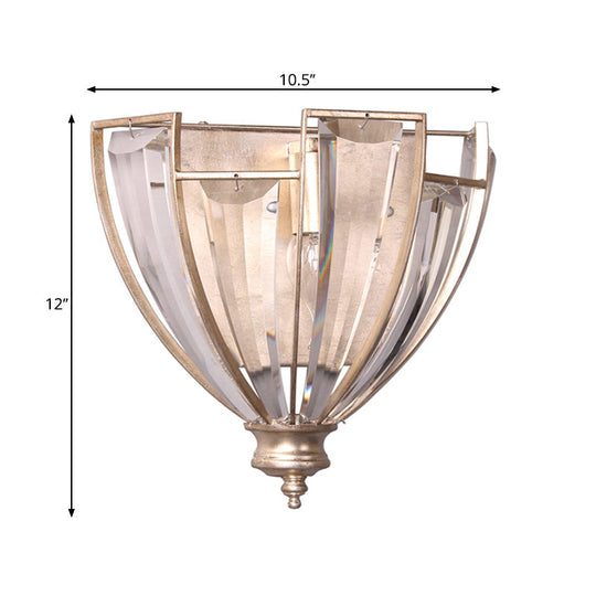 Vintage Style Gold Finish Crystal Wall Sconce - Bowl Shape Clear Glass Bedroom Lighting With 1 Bulb