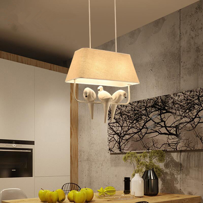 Trapezoid Fabric Pendant Light With Resin Bird - Traditional Dining Room Suspension Fixture Beige