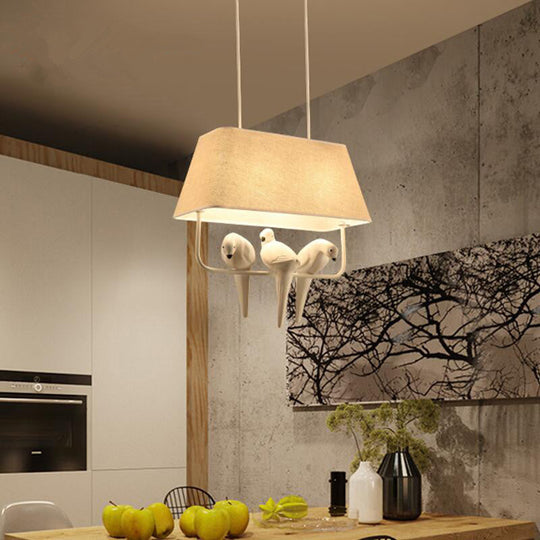 Trapezoid Fabric Pendant Light With Resin Bird - Traditional Dining Room Suspension Fixture Beige