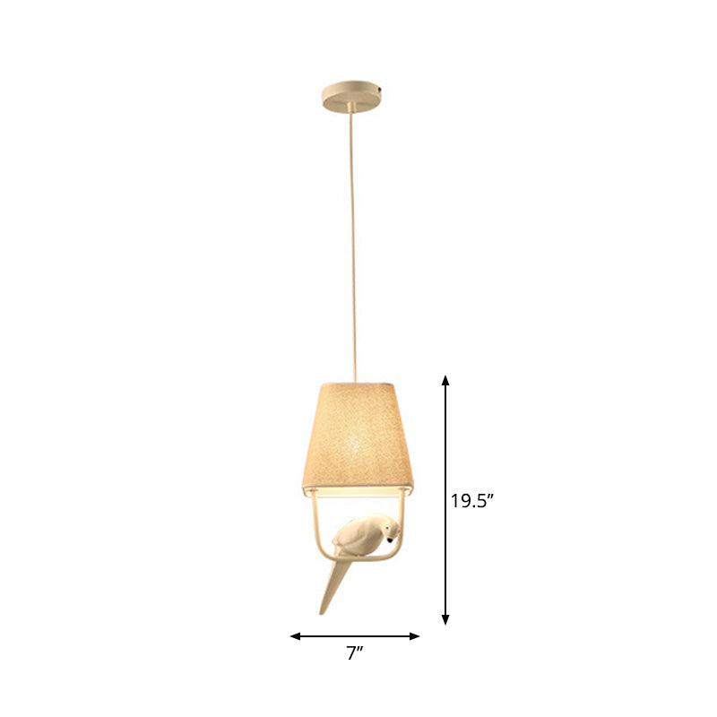 Trapezoid Fabric Pendant Light With Resin Bird - Traditional Dining Room Suspension Fixture Beige