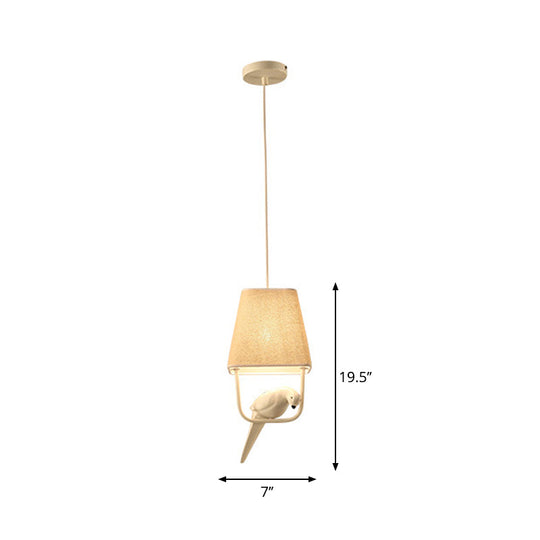 Trapezoid Fabric Pendant Light With Resin Bird - Traditional Dining Room Suspension Fixture Beige