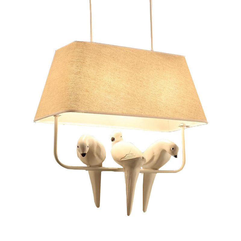 Trapezoid Fabric Pendant Light With Resin Bird - Traditional Dining Room Suspension Fixture Beige