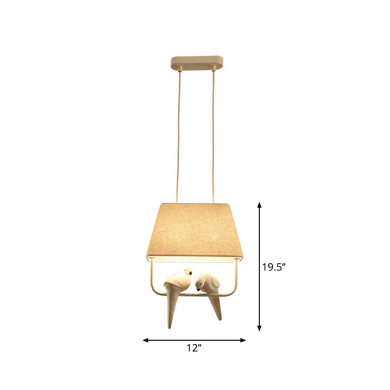 Trapezoid Fabric Pendant Light With Resin Bird - Traditional Dining Room Suspension Fixture Beige