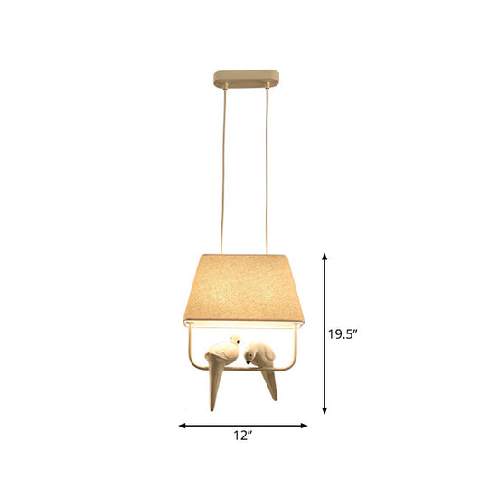 Trapezoid Fabric Pendant Light With Resin Bird - Traditional Dining Room Suspension Fixture Beige