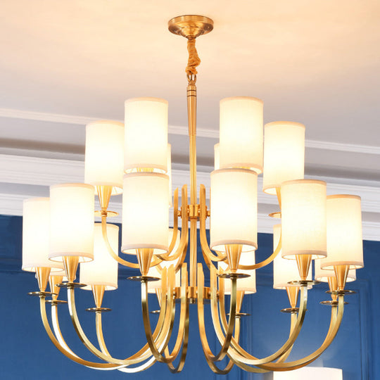 Sleek Cylinder Fabric Chandelier In Brass - Minimalist Living Room Pendant Fixture