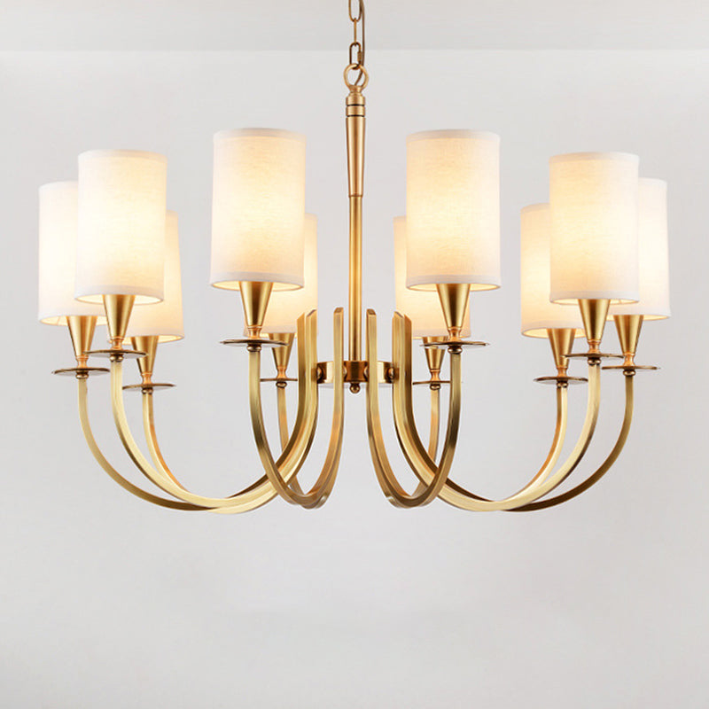 Sleek Cylinder Fabric Chandelier In Brass - Minimalist Living Room Pendant Fixture