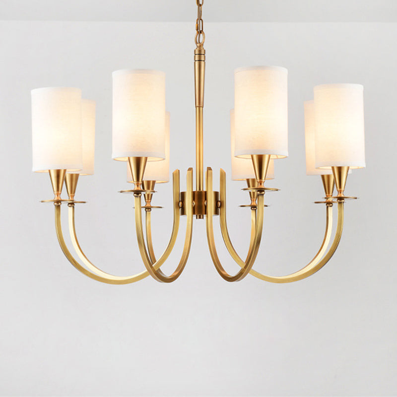 Sleek Cylinder Fabric Chandelier In Brass - Minimalist Living Room Pendant Fixture