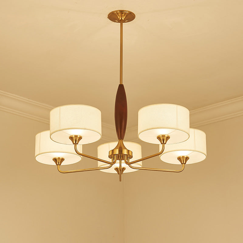 Brass Fabric Drum Chandelier: Minimalist Pendant Light For Living Room