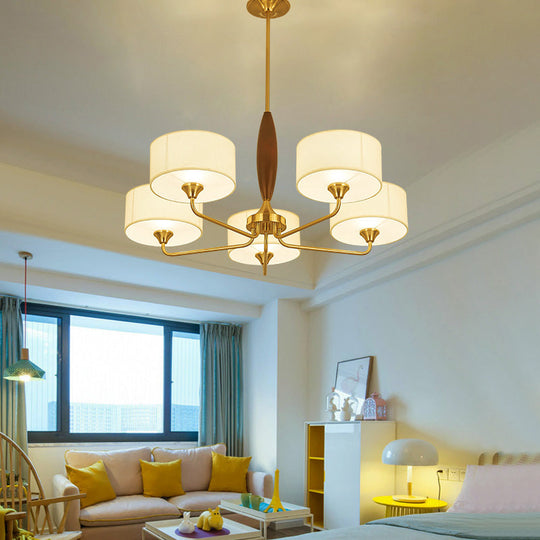 Brass Fabric Drum Chandelier: Minimalist Pendant Light For Living Room