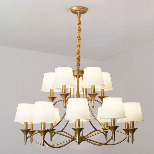 Minimalist Candlestick Chandelier: Metallic Pendant Light With Tapered Fabric Shade 15 / White