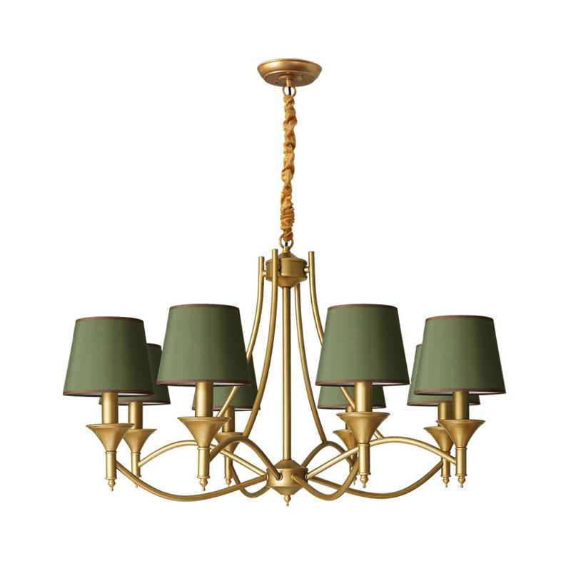 Minimalist Candlestick Chandelier: Metallic Pendant Light With Tapered Fabric Shade 8 / Green