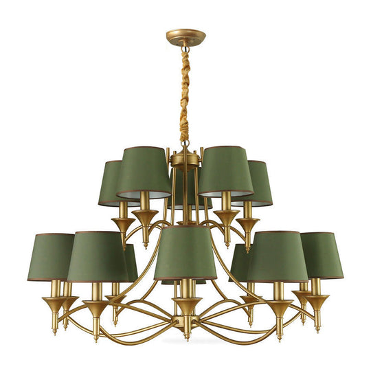 Minimalist Candlestick Chandelier: Metallic Pendant Light With Tapered Fabric Shade 15 / Green