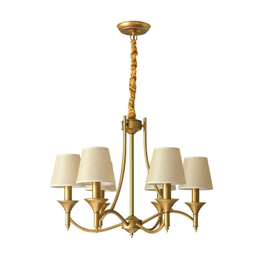 Minimalist Candlestick Chandelier: Metallic Pendant Light With Tapered Fabric Shade 6 / Beige