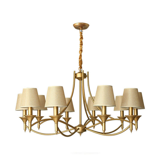 Minimalist Candlestick Chandelier: Metallic Pendant Light With Tapered Fabric Shade 10 / Beige