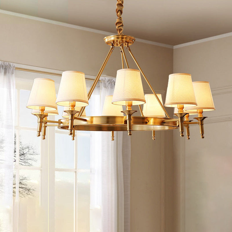 Metallic Candlestick Chandelier Pendant Light With Bucket Fabric Shade - Classic Lighting For Living