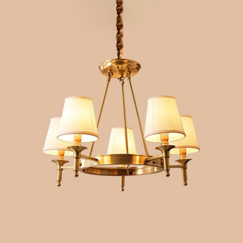 Metallic Candlestick Chandelier Pendant Light With Bucket Fabric Shade - Classic Lighting For Living