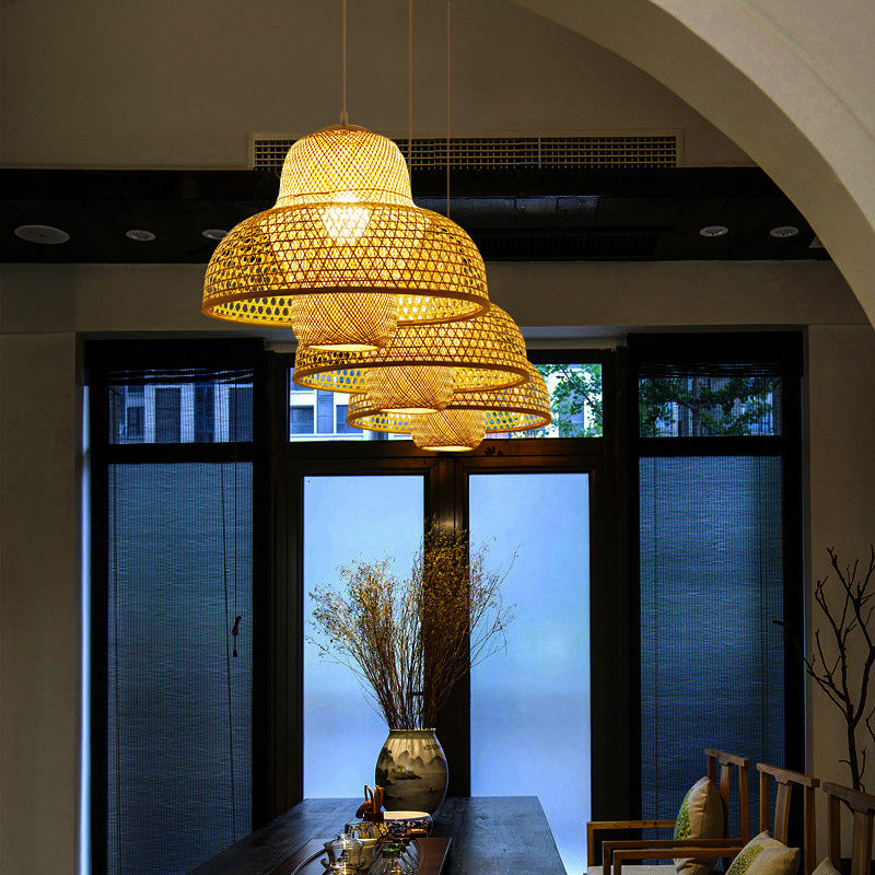 Minimalist Rattan Hot Pot Suspension Light With Wooden Pendant