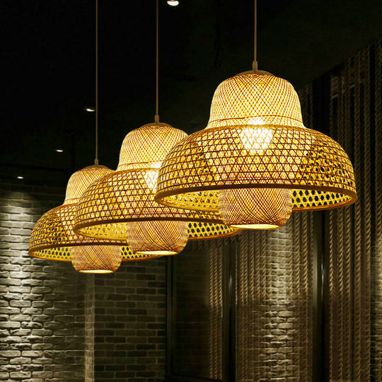 Minimalist Rattan Hot Pot Suspension Light With Wooden Pendant