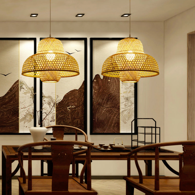 Minimalist Rattan Hot Pot Suspension Light With Wooden Pendant