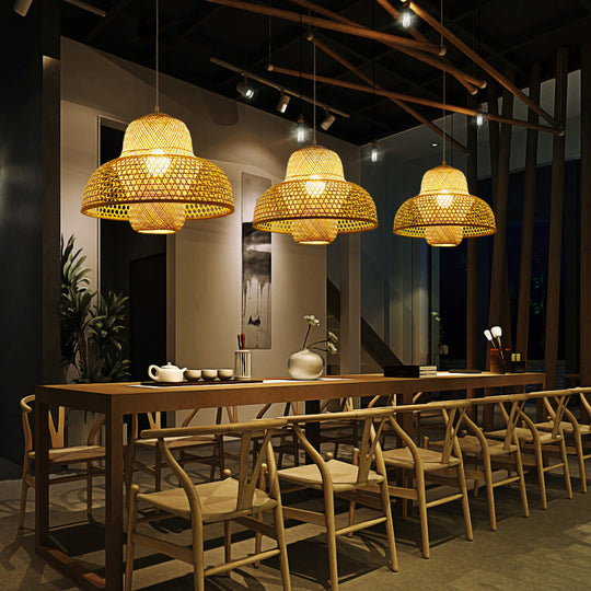 Minimalist Rattan Hot Pot Suspension Light With Wooden Pendant