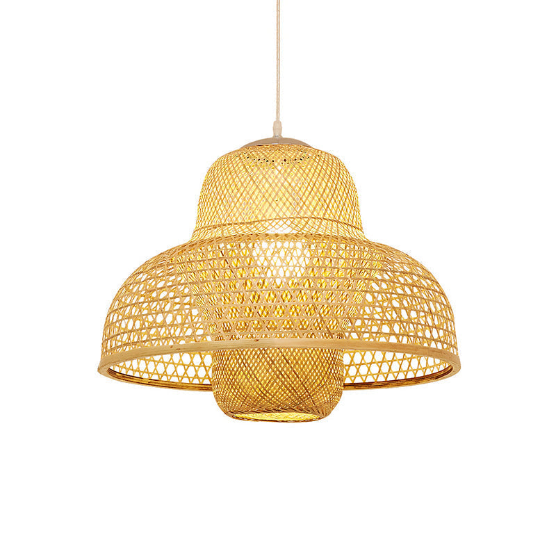 Minimalist Rattan Hot Pot Suspension Light With Wooden Pendant