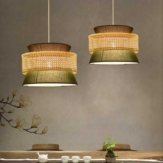 Tiered Rattan Suspension Light Simplicity Single Black / Green Pendant Light Fixture